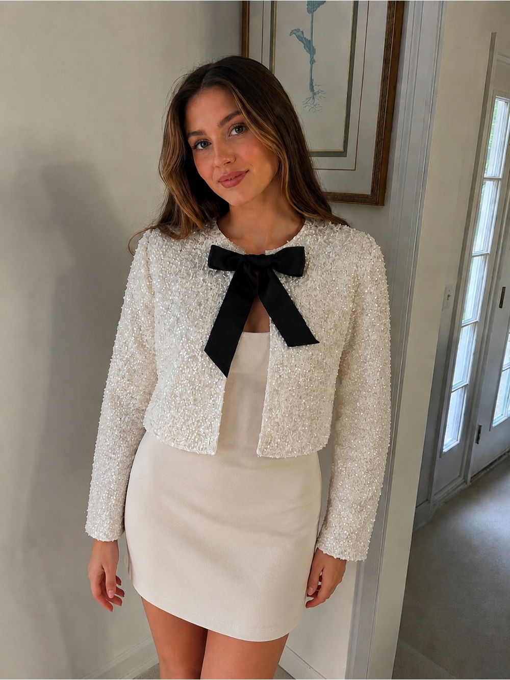 H&M White Sequined Bow-Accent Cropped Jacket - Picture 2 of 13